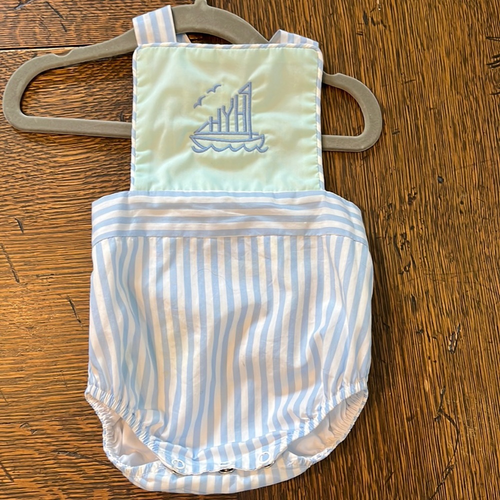Beaufort Bonnet light blue and green sunsuit with HYH Monogram